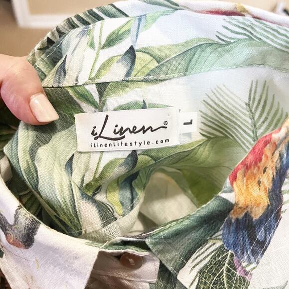 iLinen Lifestyle Parrot Tropical Linen Button Up Maxi Blouse Pockets White Sz L - Picture 8 of 10